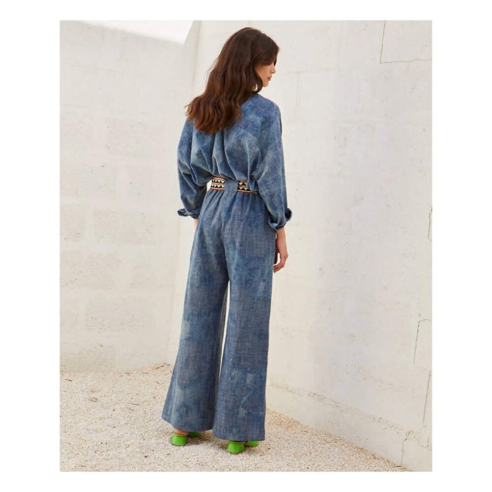 Italian High Waist Wide Leg Tie Dye Cotton Pants IT42 Us4/8 Denim look - Picture 3 of 9